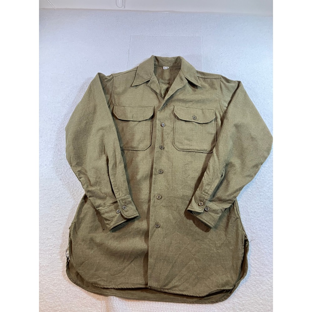 Vintage‎ US Military Wool Field Shirt Olive Drab OG-108 Army Surplus 14.5 x 34